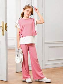 3-delat set med stickad topp och rosett för tweenflickor, vit t-shirt med kort ärm och vida byxor, söt och minimalistisk stil - Rosa - Visa 1