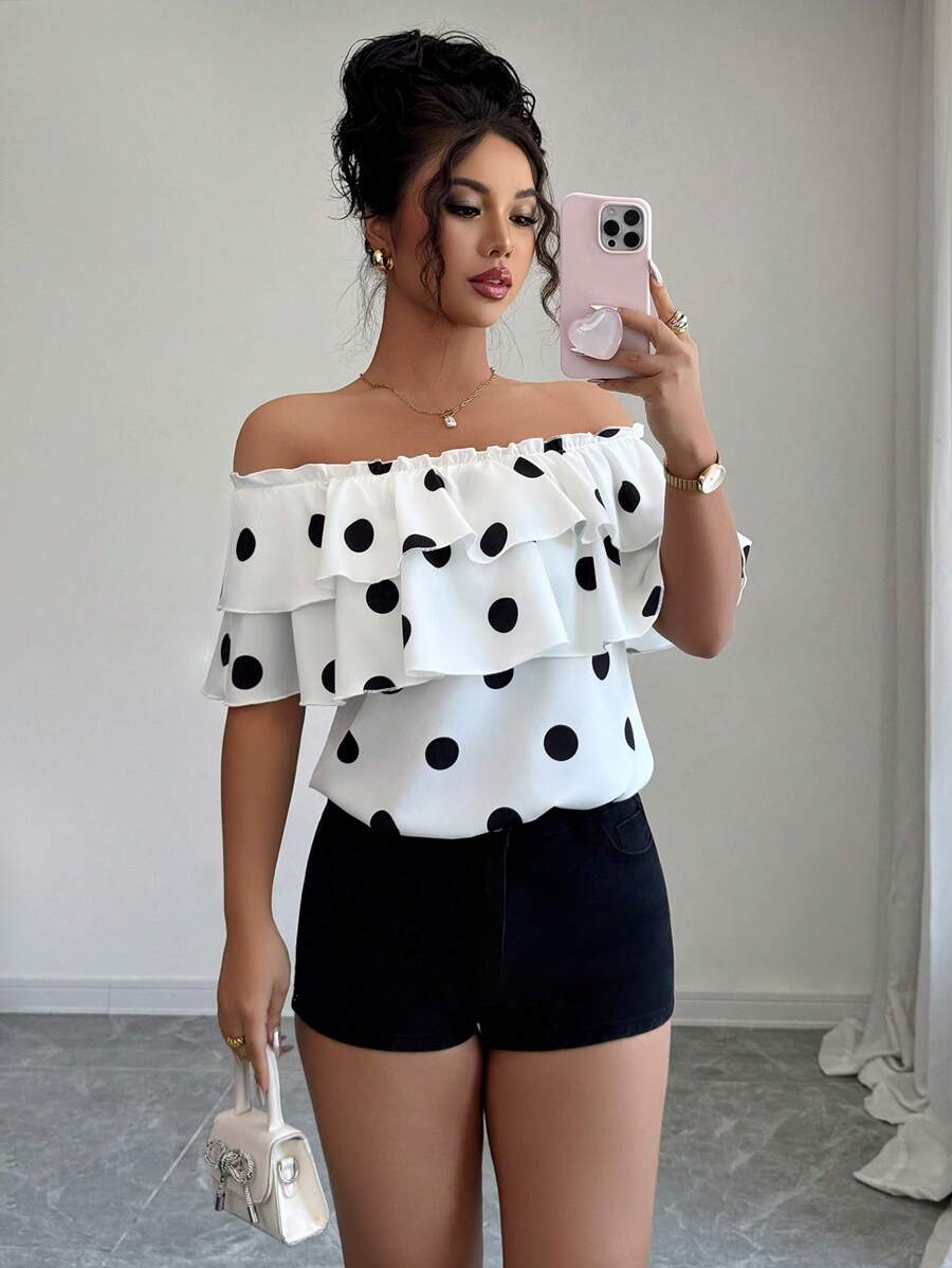 Elenzga 波尔卡圆点印花层叠荷叶边露肩短袖衬衫 - 彩色 - 查看 1