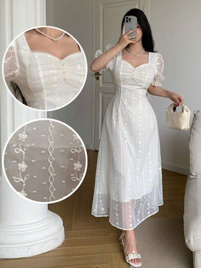 Modelyn Vestido de manga corta de longitud media elegante con cuello de corazón, parche de malla y unicolor para mujer