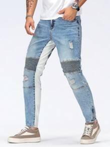 Manfinity Roughcore Men's Fashionable Ripped Skinny Fit Denim Jeans - Light Wash - View 1