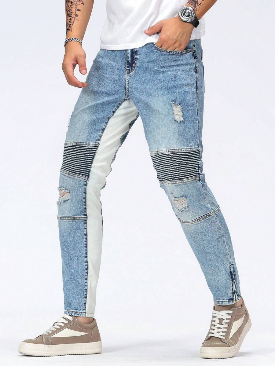 Manfinity Roughcore Men's Fashionable Ripped Skinny Fit Denim Jeans - Light Wash - View 1