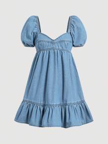SHEIN MOD Vestido envolvente de mezclilla con mangas abullonadas para mujer, ajuste mini, azul, atuendos de verano para mujer, casual de negocios, elegante, vestido de pascua para mujer, atuendos de vaquera para mujer, atuendo de concierto para mujer, atuendos de rave y festival, atuendo del Día de San Patricio, estilo de dinero viejo para mujer, atuendos de rave, atuendos de Ibiza - Lavado ligero - Ver 6