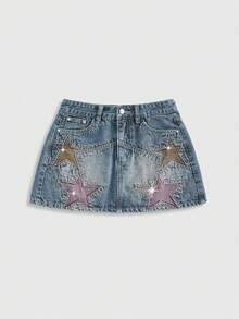 ROMWE Grunge Punk Váy denim thường ngày cho nữ có thiết kế đính đá hình ngôi sao - Màu xanh nhạt - Xem 1