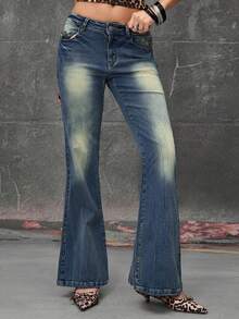 ROMWE Hippie Y2K Vintage Rivet Design Women Flared Jeans, Retro American Style