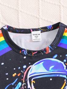 2pcs/Set Young Boys Stylish Astronaut & Colorful Print Pattern Short Sleeve T-Shirt And Pants Comfortable Home Outfit, Rave - Multicolor - View 7