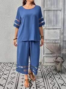 EMERY ROSE 大码女式两件套度假套装，圆领短袖网眼拼接衬衫和宽松阔腿裤