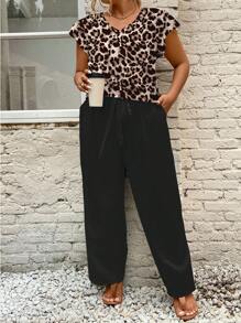 SHEIN Frenchy 舒适夏季两件套加大码套装，带口袋，度假装，拼色豹纹，蝴蝶结设计，两件套夏季服装，女士夏季服装 - 彩色 - 查看 3