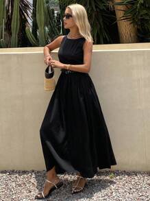 DAZY Women's Solid Color Round Neck Sleeveless A-Line Umbrella Skirt Dress, Waisted Casual Vacation Summer Long Dress Maxi Dress - Black - View 4