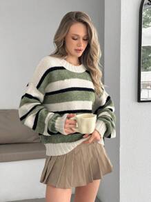 EURMUSE Olive Bold Stripe Chunky Knit Sweater In Sage And Ivory,Jumper,Cream Jumper,Jumpers For Women,Jumpers,Black Jumper,Womens Jumper,White Jumper,Women's Jumper,Women's Jumpers,Winter Clothes - Green - View 5