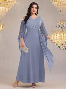 Modelyn Vestido sólido minimalista de talla grande con puño de manga de talla grande para mujer - Azul - Ver 7