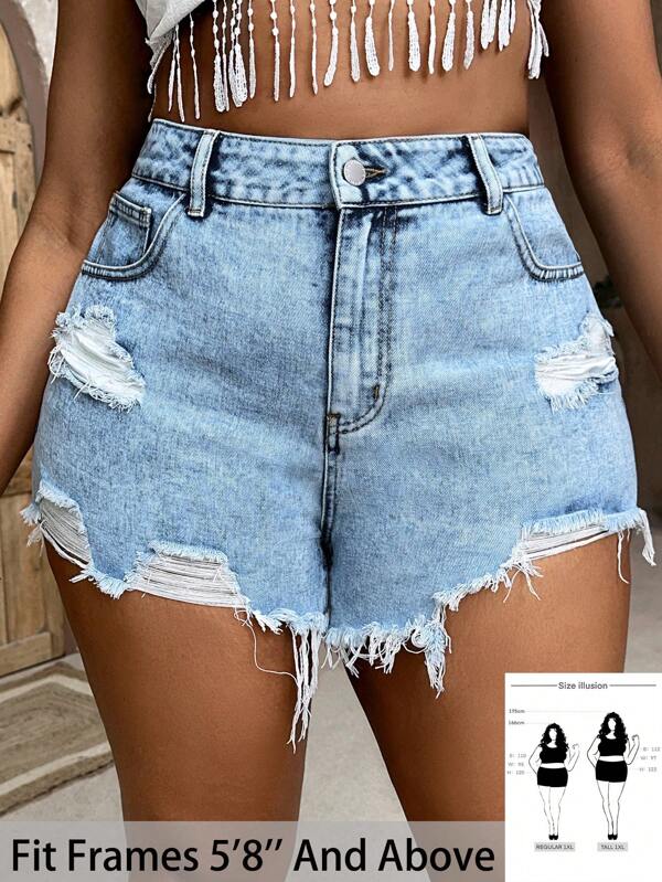 SHEIN Tall CURVE Plus Size Women Blue Denim Ripped Shorts High Waisted Jean Shorts Ripped Jean Shorts Distressed Denim Shorts Light Wash Jean Shorts Y2k Jean Shorts