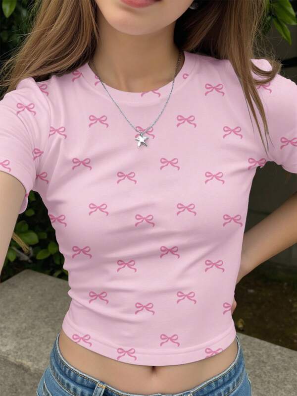 SHEIN GraphicGems New Summer Fashion Delicate Butterfly Bow Print Short Sleeve Cropped T-Shirt For Teenager Girls Cute Shirt Shirt Cute Shirts For Teen Girls Teen Girl Shirts Cute Shirts For Teens Cute