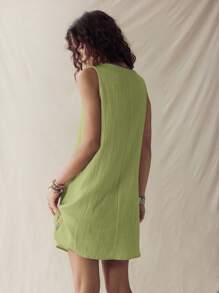 EMERY ROSE 夏季休闲海滩度假亚麻纹理杏色女式无袖背心裙