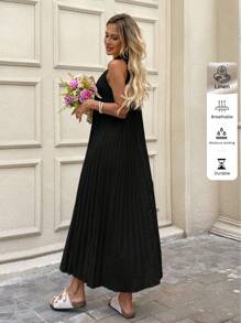 SHEIN LUNE 杏色亚麻面料褶皱 A 字形无袖吊带连衣裙，适合春夏季休闲和办公室穿着 - 黑色 - 查看 3