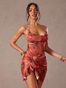 Hauture Women's Halter Neck Printed Mini Dress, Fashionable For Summer - Brown - View 3