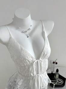 Elamini Eyelet Embroidery Pleat Tie-Up Spaghetti Strap Summer Sexy Vacation Tank Top For Women - White - View 1