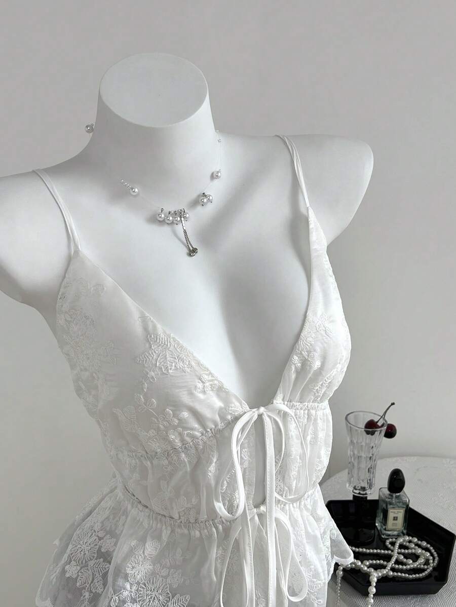 Elamini Eyelet Embroidery Pleat Tie-Up Spaghetti Strap Summer Sexy Vacation Tank Top For Women - White - View 1