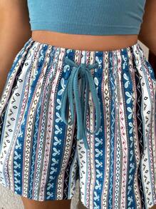SHEIN LUNE Square Neck Fitted Tank Top And Elastic Waist Drawstring A-Line Shorts Set, Striped Retro Print, Casual Vacation Elegant Streetwear For Women