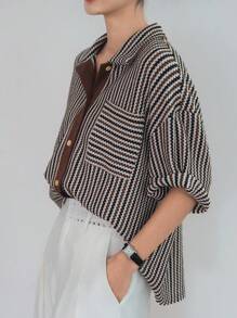 Dazy-Less Cárdigan de punto de estilo casual empresarial de mujer con bloqueo de color, a cuadros y rayas, de manga corta, para el verano