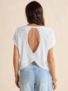 SHEIN Tall White Knitted Open Back Ladies Short-Sleeved T-Shirt - White - View 3