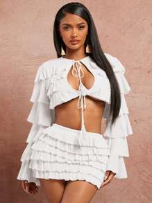 SHEIN SXY Spring And Summer Dating Valentine's Day Wedding Elegant Vacation Outfits Birthday Outfits For Woman Apricot Texture Layered Flounce And Tassel Lace Trim Long Sleeve Cardigan Cut-Out Top And Low Waist Line Layered Flounce Trim Mini Skirt Two Pieces Set