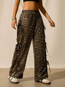 Easelle 秋冬女士豹纹蝴蝶结抽绳宽松休闲运动裤