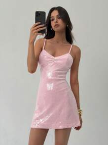 Aloruh Váy mini không tay đính sequin màu hồng thanh lịch dành cho nữ - Hồng - Xem 6