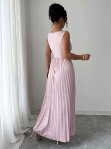 Elenzga Women's Pink Round Neck Sleeveless Ruched Waist Dress