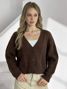 EURMUSE Brown Cable Knit Cardigan With Buttons Brown Cardigan Brown Knitted Cardigan Womens Cardigan Button Up Cardigan,Long Cardigans Woman,Petite Cardigans,Cardigans - Brown - View 2