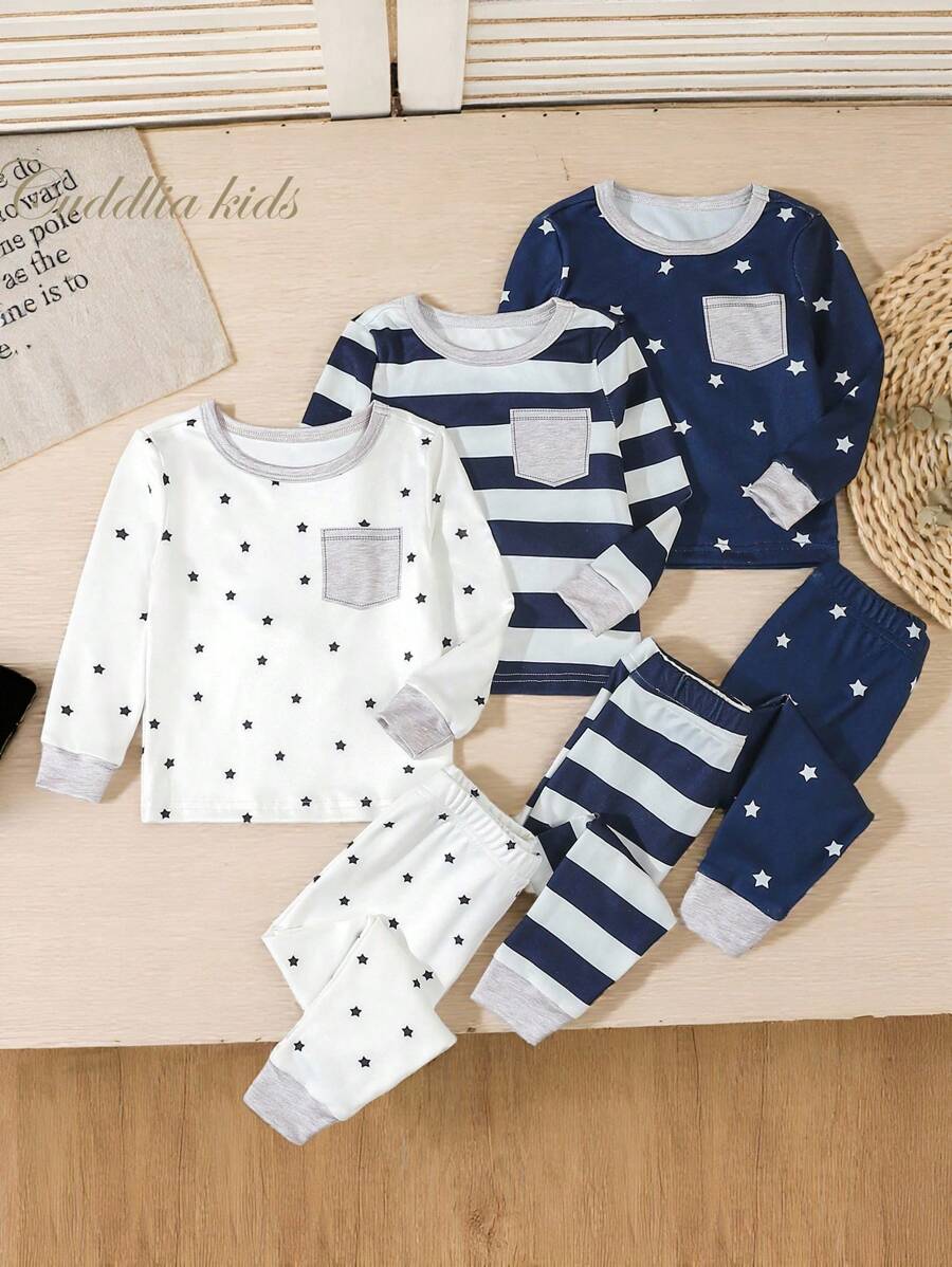 SHEIN 3 Stück/Set Baby Jungen Sterne Muster figurbetonter Langarm-Oberteil und Hose Pyjama/Freizeitbekleidung Set, Navy Blau, Weiß & Grau - Verschiedenfarbig - Übersicht 1
