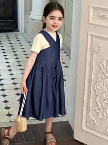 DAZY Young Girl' Casual Washed Forest Series Strap Loose Jumper Dress,Girls Summer Outfits - Navy Blue - View 5