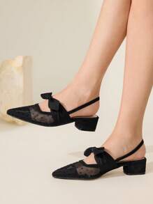 CUCCOO CHICEST Black Polka Dot Mesh Bow Design Flats, Sexy Elegant Lady Style Breathable Low Heel Backless Slip On Shoes