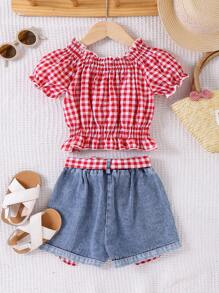 Young GirlRed Plaid Ruffle Trim Top & Denim Patchwork Shorts 2-Piece Set, Chic Casual Outfit For Street, Date, Dinner, Summer - Red - View 2