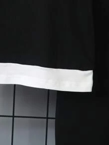 SHEIN Genkimix Kids 2 件套小男孩夏季服装，圆领拼色短袖 T 恤和裤子，休闲运动风格，适合日常穿着、运动、度假、节日 - 黑色 - 查看 4