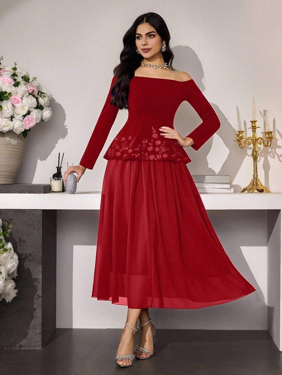 Modelyn 2 件女式法式优雅露肩上衣,带刺绣和腰线,修身 - 紅色 - 查看 1