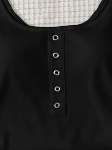 SHEIN 少女基本款白色圆点罗纹金属纽扣休闲百搭黑色深U领工字背心