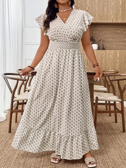 SHEIN Tall CURVE Spring/Summer/Autumn Elegant Commute & Vacation Style Casual Women's Fashion Fashionable Floral Pattern Versatile Comfortable Fabric Shirred Ruffle Short Sleeve Elastic Waist Maxi Long Dress, White, Plus Size, Tall