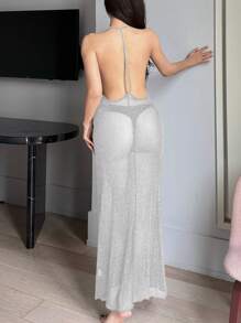 DAZY Sheer Silver Thread Blend Mesh Deep V Backless Sexy Nightgown - White - View 4