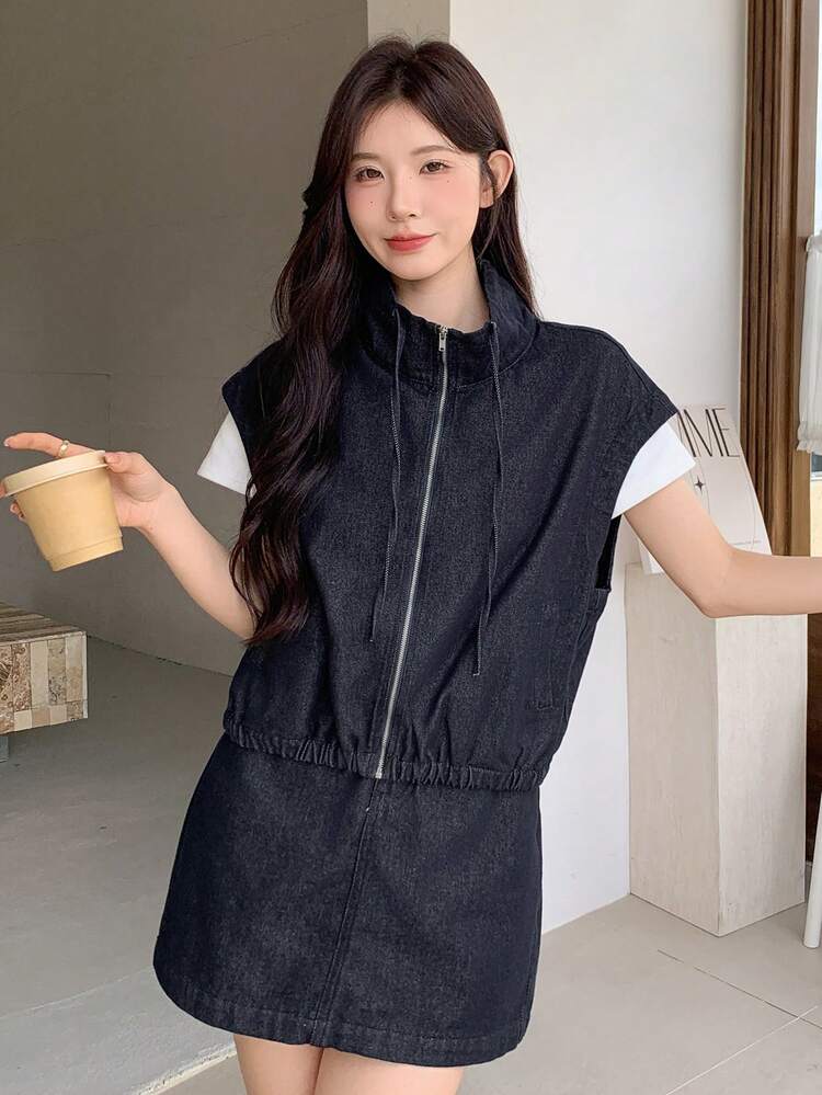 Women's Drawstring Waist Stand Collar Sleeveless Cardigan Jacket And Short Denim Skirt Set, Casual Street Style