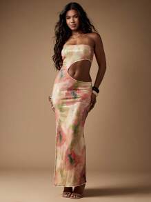 MISSGUIDED Vestido de fiesta largo con abertura, escote bandeau, tintes circulares y lentejuelas para eventos formales, fiestas, bodas y festivales de verano - Multicolor - Ver 6