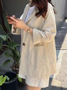 DAZY 新款春季風格週末休閒寬鬆大尺寸女款亞麻西裝外套商務正裝西式女裝 - 杏色 - 查看 3