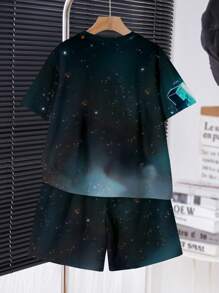 2 Pieces Young Boy Casual Minimalist Classic Cool Futuristic Cyberpunk Pixel Block Mechanic Hero Warrior Print Crew Neck Short Sleeve T-Shirt And Shorts Set, Suitable For Summer - Multicolor - View 6