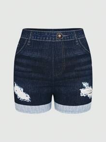 Women's Slim Fit Distressed Pattern Denim Effect Shorts, Summer Fashion - Medium Wash - View 4