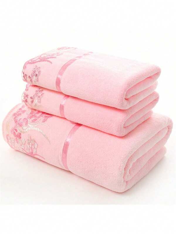 SHEIN 3 Stücke Spitzen-Handtuch Set, Erwachsene Große Größen, ultra-feinfaserige Baumwolle, saugfähiges Badetuch zum Gesicht waschen und Baden, 1 Handtuch + 2 Handtücher