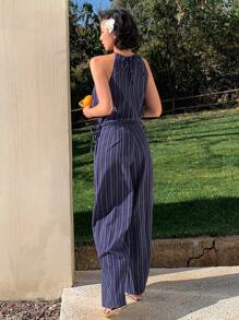 DAZY 2 Pieces Striped Crew Neck Halter Top & Wide Leg Pants Set For Women Vacation Outfits Women - Blue - View 3