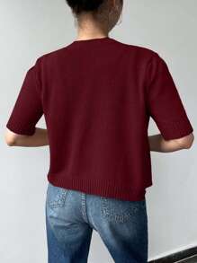 EURMUSE Gold Button Short Sleeve Elegant Cardigan - Burgundy - View 2