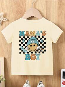 SHEIN Young Boys' Fashion Casual Checkerboard & Letter Graphic Short Sleeve Round Neck T-Shirt, Spring/Summer - Apricot - View 2
