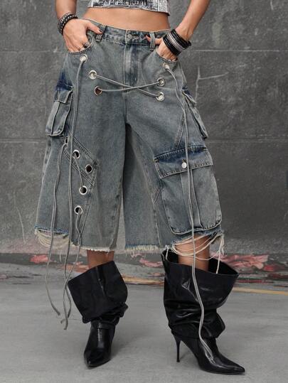 Grunge Punk Short en jean délavé style punk de rue, taille basse, coupe ample et longueur mi-cuisse pour femmes