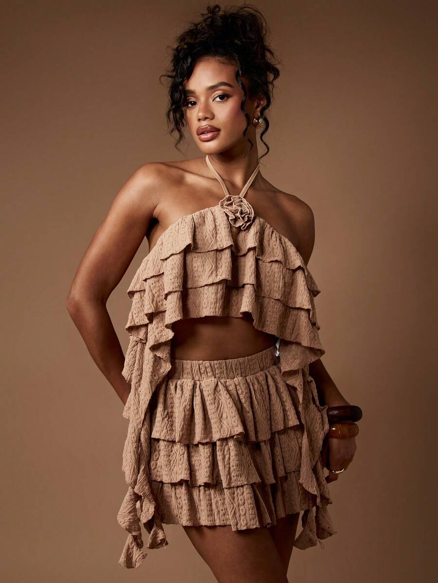 MISSGUIDED 荷叶边分层节日夏季两件套纹理短款上衣高腰迷你裙海滩派对度假舞蹈俱乐部装波西米亚风服装 - 卡其色 - 查看 1