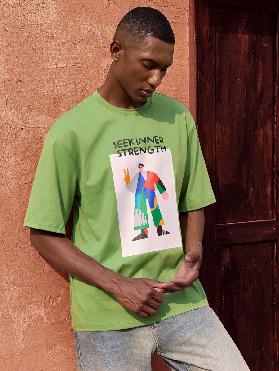 Maija Tricou bărbătesc cu guler rotund, verde, cu mânecă scurtă, cu imprimeu artistic abstract, potrivit pentru plajă, festivaluri de muzică, Ziua Independenței, afaceri, casual, nuntă, ținute de zi cu zi